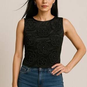 Geraldine Garcia Black Flower Sequin Beaded Embellished Crop Blouse Tank Top M